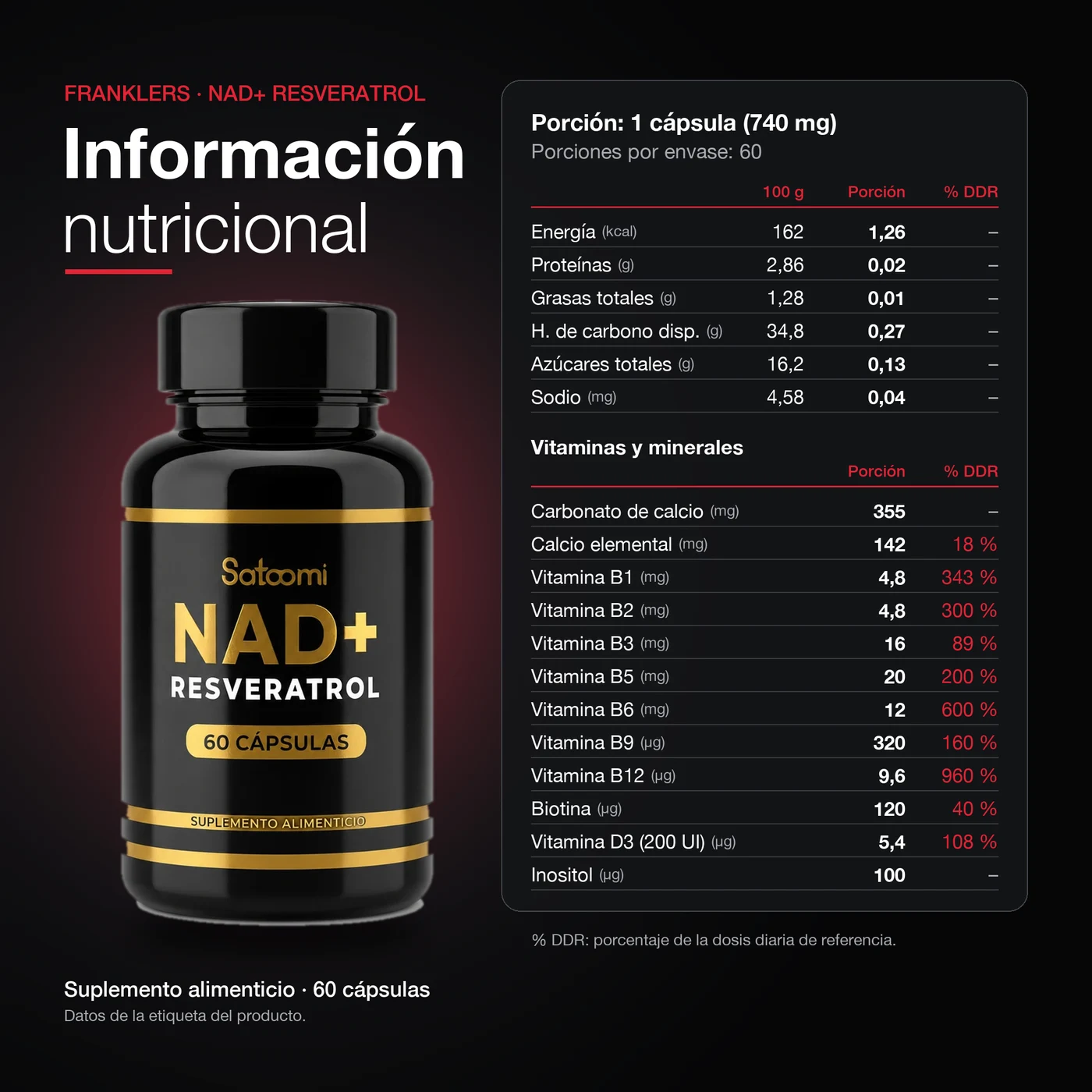 NAD+ Resveratrol Satoomi: información nutricional